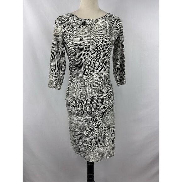J McLaughlin Sage Midi Dress Cream Black Animal Print XS Bodycon Stretch Ruched - Picture 1 of 7